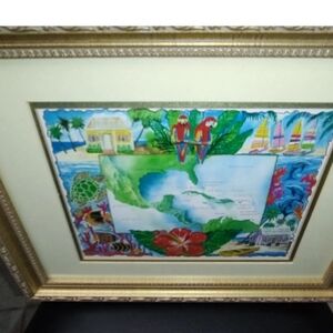 Colorful Framed Dec. Illustrative Art Map Of Caribbean/Cent-Amer. Signed T. Horn